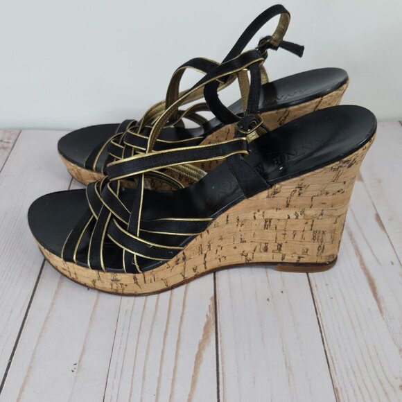 Anne Klein Wedge Sandals Gold & Black Straps Size 8.5 Pre-Owned Great Condition - Picture 5 of 11
